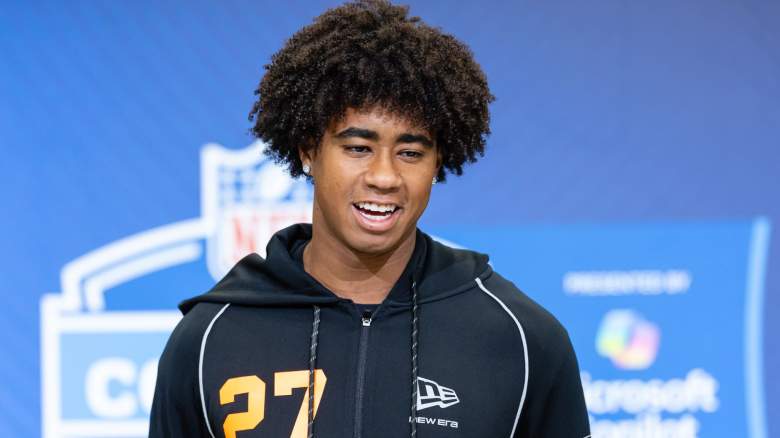 Ja'Kobi Lane of the USC Trojans speaks to the media during the 2026 NFL Draft Combine at the Indiana Convention Center on February 27, 2026 in Indianapolis, Indiana.
