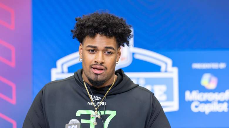 Josh Simmons of Ohio State speaks to the media during the 2025 NFL Scouting Combine at Lucas Oil Stadium on March 1, 2025