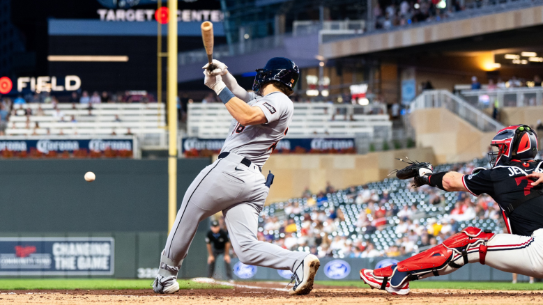 John Peck #18 of the Detroit Tigers bats and reaches first base on a fielding error by Connor Prielipp #61 of the Minnesota Twins (not pictured) during the fifth inning of the game at Target Field on September 1, 2026 in Minneapolis, Minnesota. (Photo by Stephen Maturen/Getty Images)