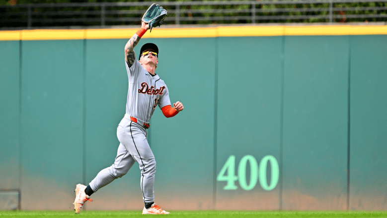 Center fielder Max Clark #15 of the Detroit Tigers catches a fly ball hit by Brayan Rocchio #4 of the Cleveland Guardians to end the second inning of game one of a doubleheader at Progressive Field on September 04, 2026, in Cleveland, Ohio. (Photo by Jason Miller/Getty Images)