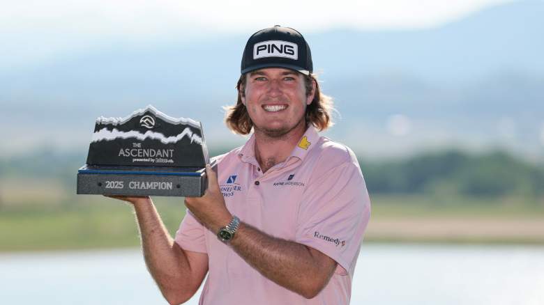 Neal Shipley of the United States poses for a photo with the trophy after winning The Ascendant presented by Blue 2025 at TPC Colorado on July 13, 2025 in Berthoud, Colorado