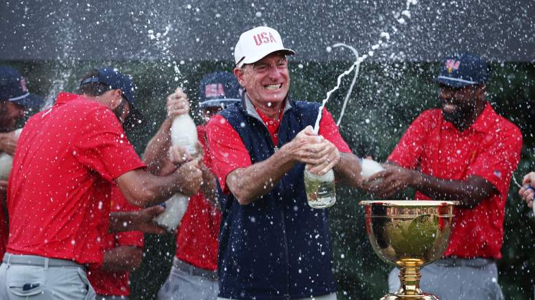 U.S. Team Captain Jim Furyk celebrates after winning the 2024 Presidents Cup at The Royal Montreal Golf Club on September 29, 2024