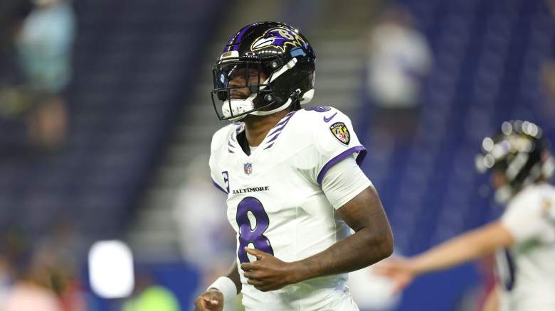 Lamar Jackson #8 of the Baltimore Ravens before the game against the Indianapolis Colts during the first quarter of the game at Lucas Oil Stadium on September 13, 2026 in Indianapolis, Indiana