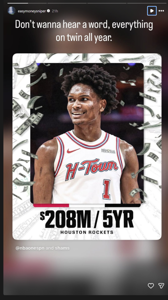 Kevin Durant reacts on Instagram to Amen Thompson signing a five-year, $208 million contract extension with the Houston Rockets.
