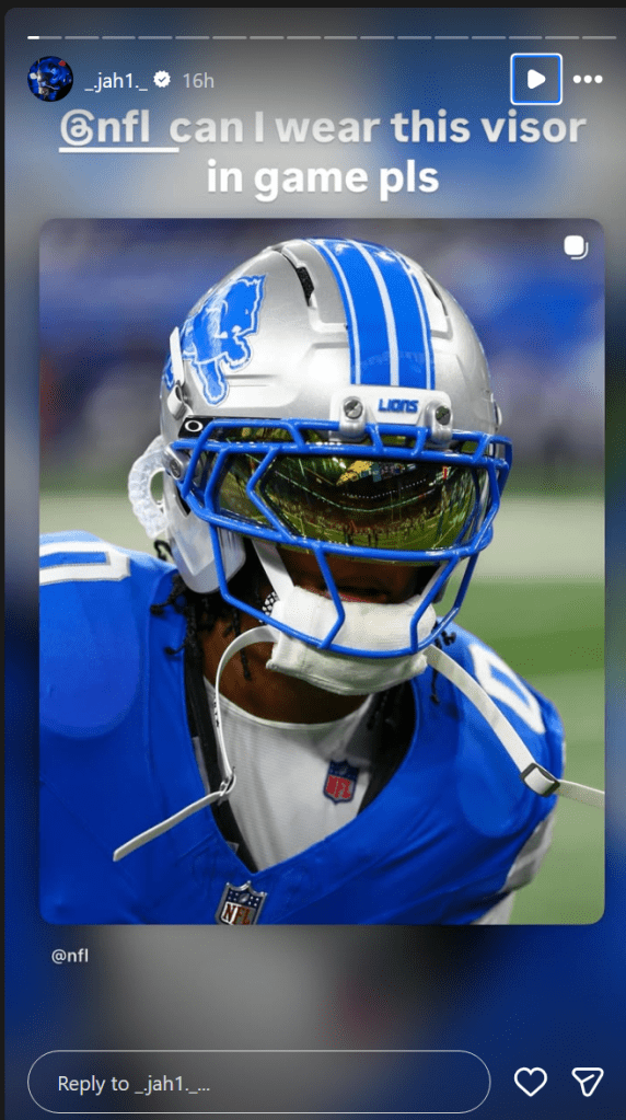 Jahmyr Gibbs asks the NFL on Instagram if he can wear a reflective tinted visor during a Detroit Lions game.