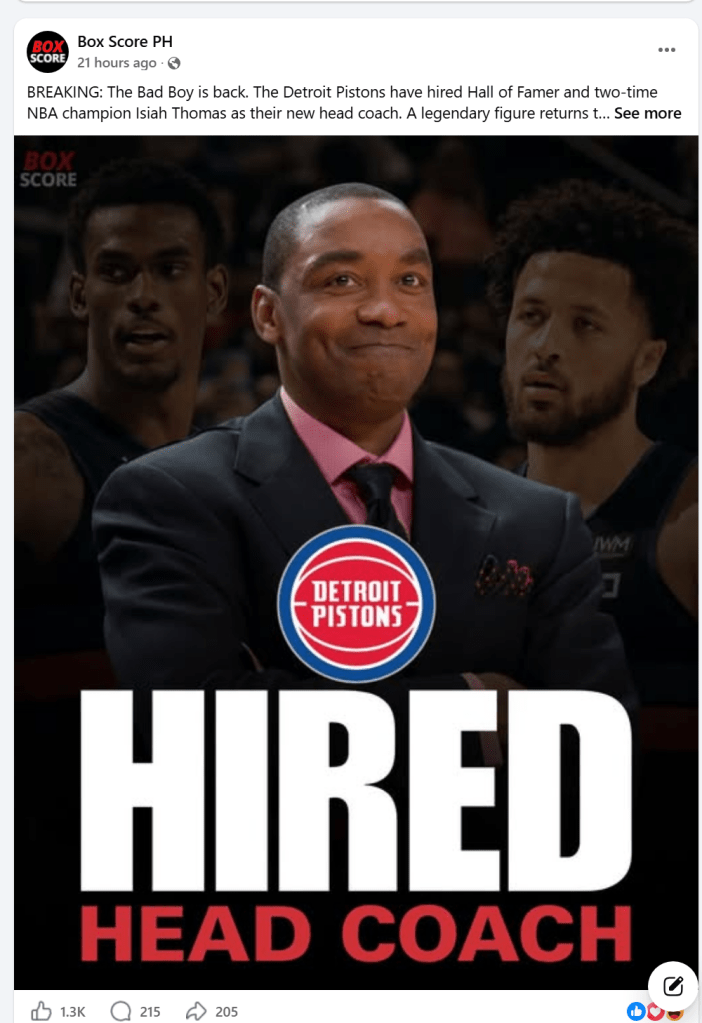 Viral Facebook post falsely claiming Isiah Thomas was hired as Detroit Pistons head coach