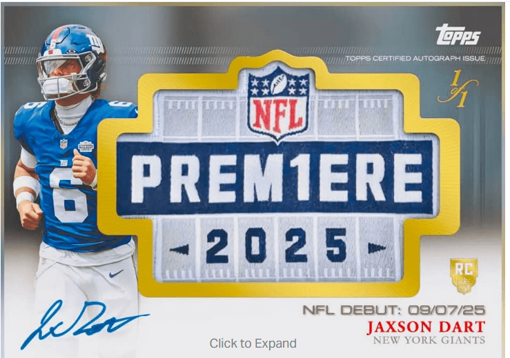 Jaxson Dart 2025 Topps Chrome Rookie PREM1ERE Patch Autograph card