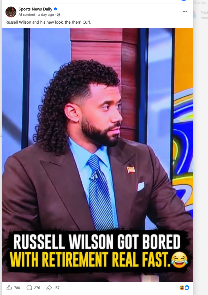 Exaggerated image of Russell Wilson with a long curly mullet-style haircut circulating on social media