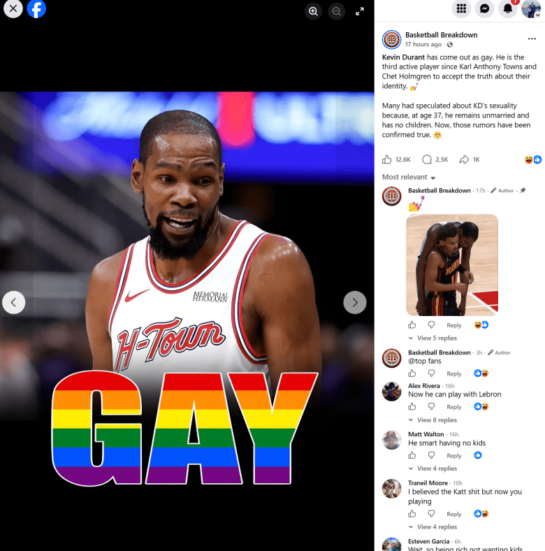 Kevin Durant pictured in a viral Facebook post falsely claiming he came out as gay.