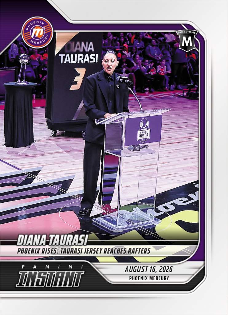 Diana Taurasi speaks at a podium during her Phoenix Mercury No. 3 jersey retirement ceremony.