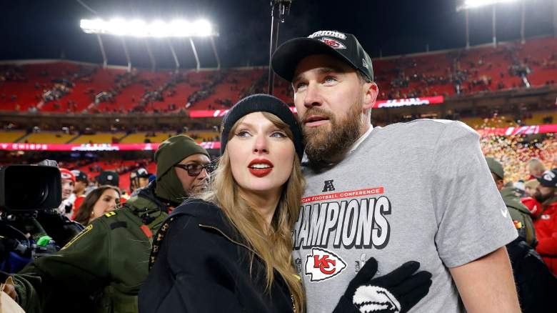 Taylor Swift celebrates with Travis Kelce #87 of the Kansas City Chiefs after defeating the Buffalo Bills 32-29 in the AFC Championship Game at GEHA Field at Arrowhead Stadium on January 26, 2025