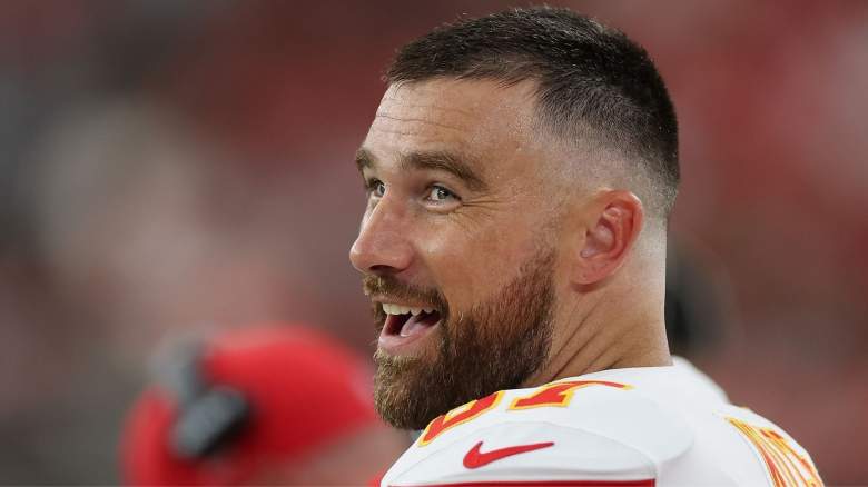 Tight end Travis Kelce #87 of the Kansas City Chiefs reacts on the sidelines during the first quarter of the NFL Preseason 2025 game against the Arizona Cardinals at State Farm Stadium on August 09, 2025 in Glendale, Arizona