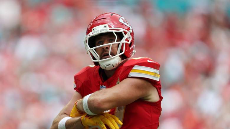 Travis Kelce #87 of the Kansas City Chiefs celebrates a touchdown reception against the Miami Dolphins during the fourth quarter at Hard Rock Stadium on September 27, 2026 in Miami Gardens, Florida.