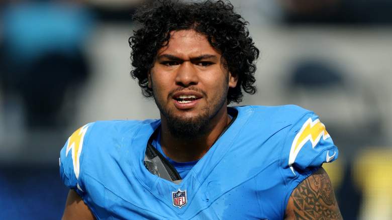 Tuli Tuipulotu #45 of the Los Angeles Chargers reacts