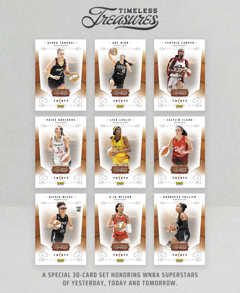 Panini Instant WNBA Timeless Treasures cards featuring nine past and present women’s basketball stars.