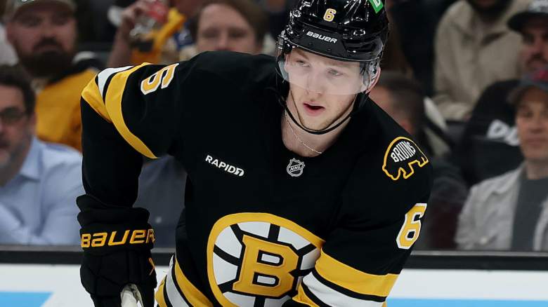 Mason Lohrei #6 of the Boston Bruins skates