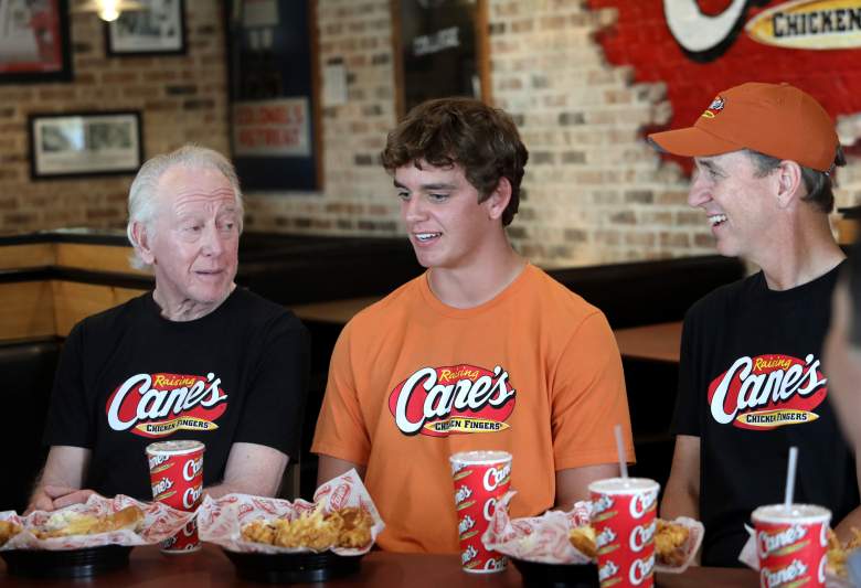 Arch, Cooper And Archie Manning Work A Pre-Manning Passing Academy "Shift" With LSU Quarterback Garrett Nussmeier At Raising Cane's Thibodeaux, Louisiana