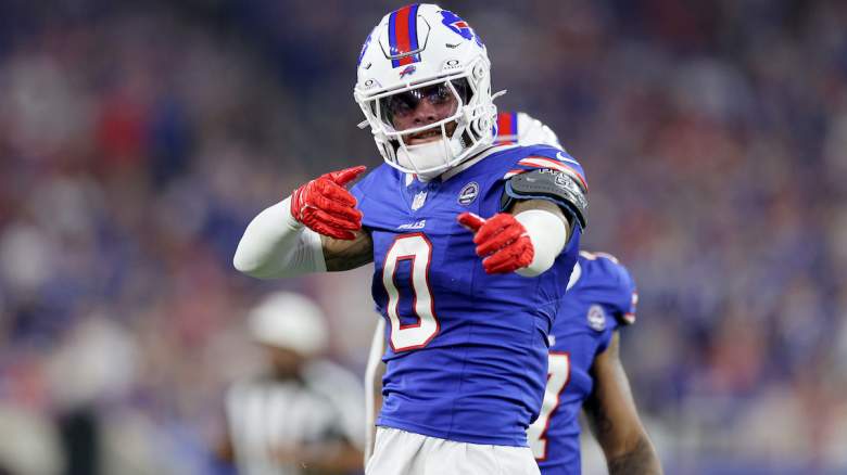 Keon Coleman #0 of the Buffalo Bills celebrates a reception