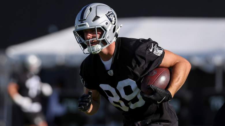 Brock Bowers #89 of the Las Vegas Raiders runs during a drill