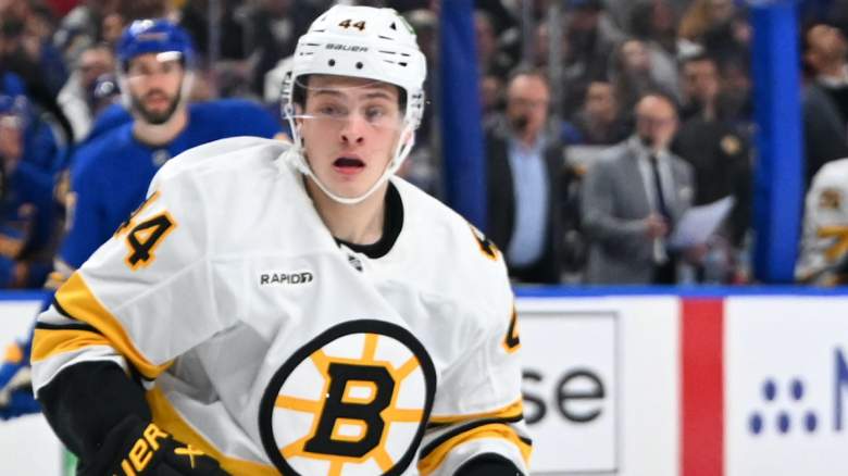 James Hagens of the Boston Bruins skates
