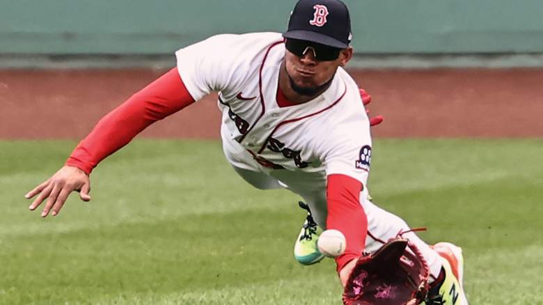 Ceddanne Rafaela #3 of the Boston Red Sox makes a catch