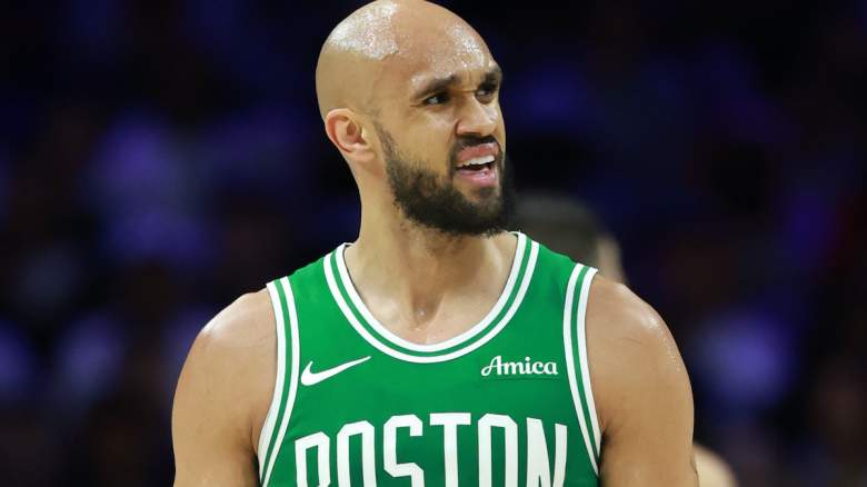 Derrick White #9 of the Boston Celtics reacts to a foul