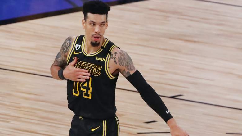 Danny Green #14 of the Los Angeles Lakers reacts