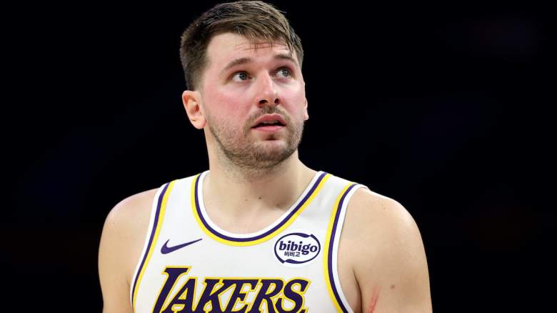 Luka Doncic #77 of the Los Angeles Lakers looks on