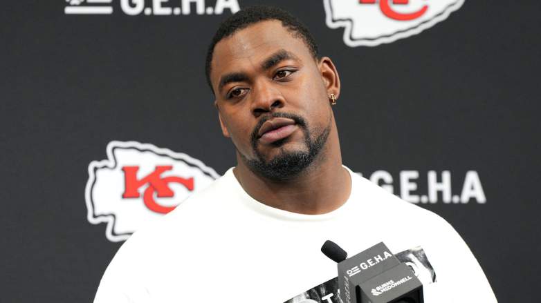Chris Jones #95 of the Kansas City Chiefs speaks to the media