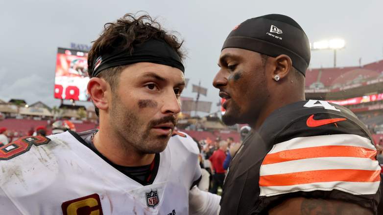Baker Mayfield of the Tampa Bay Buccaneers congratulates Deshaun Watson of the Cleveland Browns.