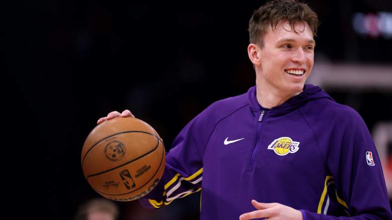 Dalton Knecht #4 of the Los Angeles Lakers reacts