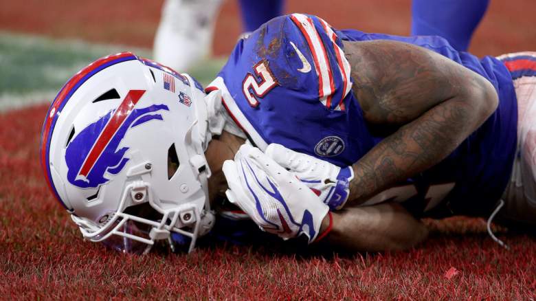 DJ Moore of the Buffalo Bills lies on the field 