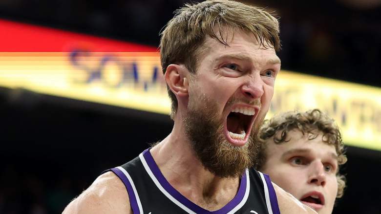 Domantas Sabonis #11 of the Sacramento Kings reacts