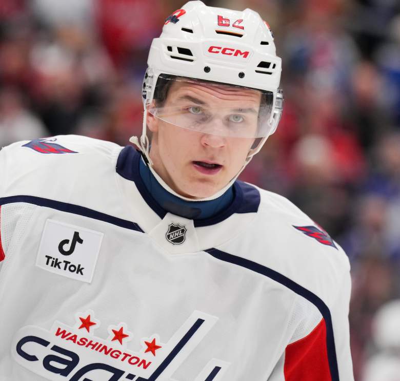Ilya Protas #62 of the Washington Capitals takes a rookie lap