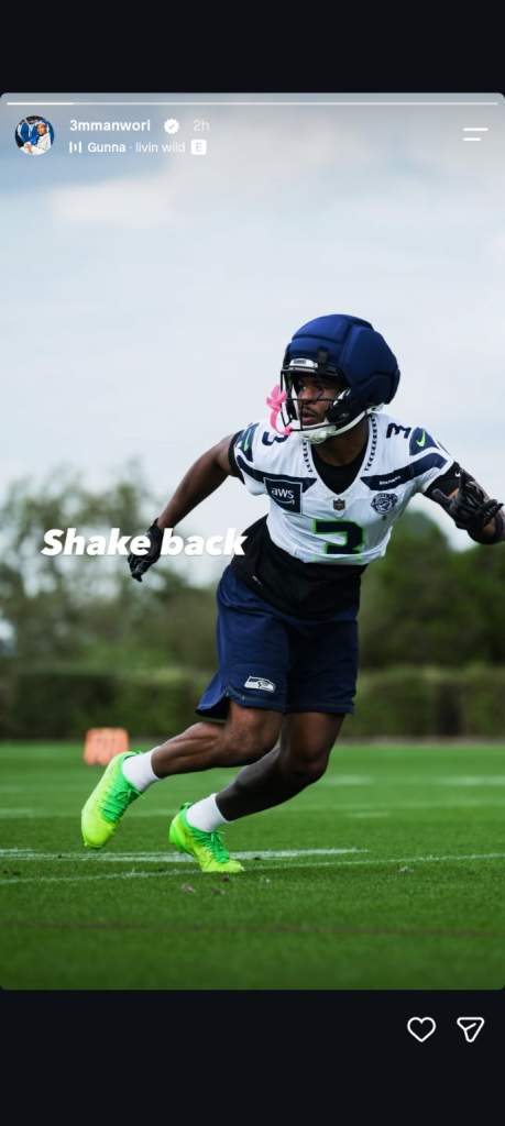 Seattle Seahawks defensive back Nick Emmanwori works on the practice field during his recovery from ankle surgery.