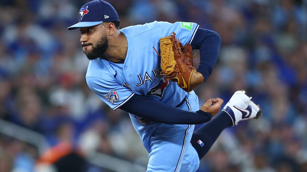 Simeon Woods Richardson #10 of the Toronto Blue Jays pitches i