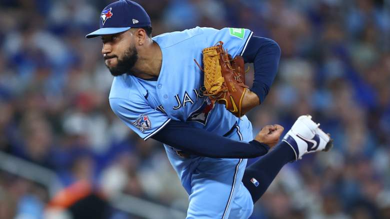 Simeon Woods Richardson #10 of the Toronto Blue Jays pitches i