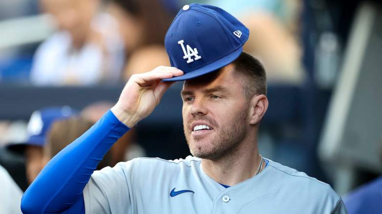Freddie Freeman #5 of the Los Angeles Dodgers looks on