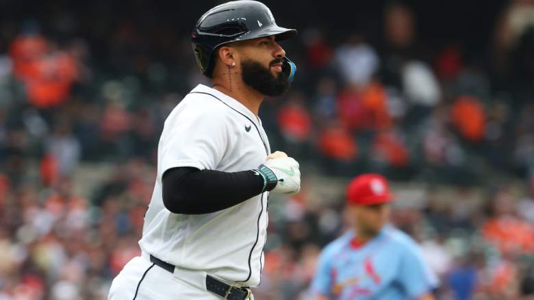 Gleyber Torres #25 of the Detroit Tigers watches his solo home run