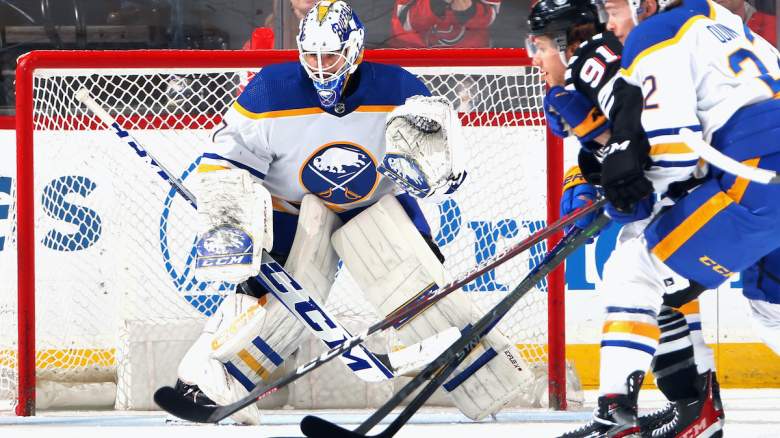 Devon Levi #27 of the Buffalo Sabres against the New Jersey Devils
