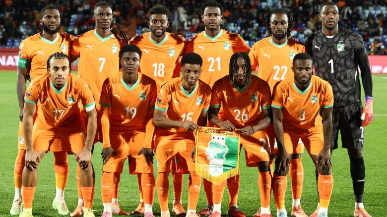 Ivory Coast's midfielder #08 Franck Kessie, Ivory Coast's defender #07 Odilon Kossounou, Ivory Coast's midfielder #18 Ibrahim Sangare, Ivory Coast's defender #21 Evan Ndicka, Ivory Coast's forward #22 Evann Guessand, Ivory Coast's goalkeeper #01 Yahia Fofana and Ivory Coast's defender #17 Guela Doue, Ivory Coast's midfielder #19 Christ Inao Oulai, Ivory Coast's forward #15 Amad Diallo, Ivory Coast's forward #26 Yan Diomande and Ivory Coast's defender #03 Ghislain Konan line up