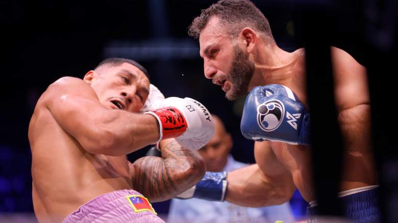 WBC cruiserweight challenger Noel Mikaelian (R) punches Jai Opetaia during a title fight at T-Mobile Arena on September 12, 2026