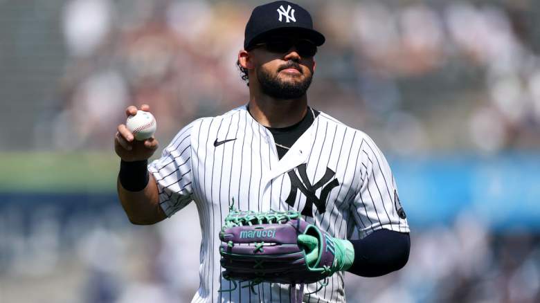 Jasson Dominguez #24 of the New York Yankees looks on