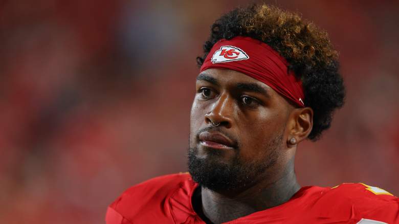 Josh Simmons #71 of the Kansas City Chiefs watches the game