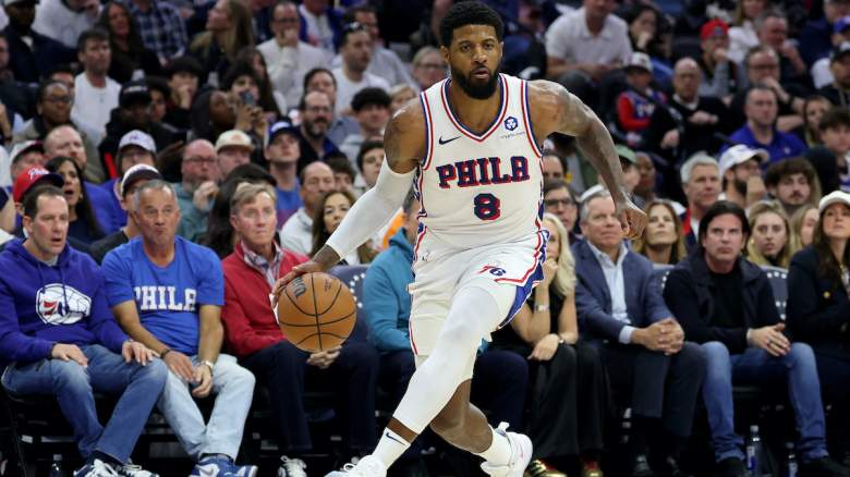 Paul George handles the ball.