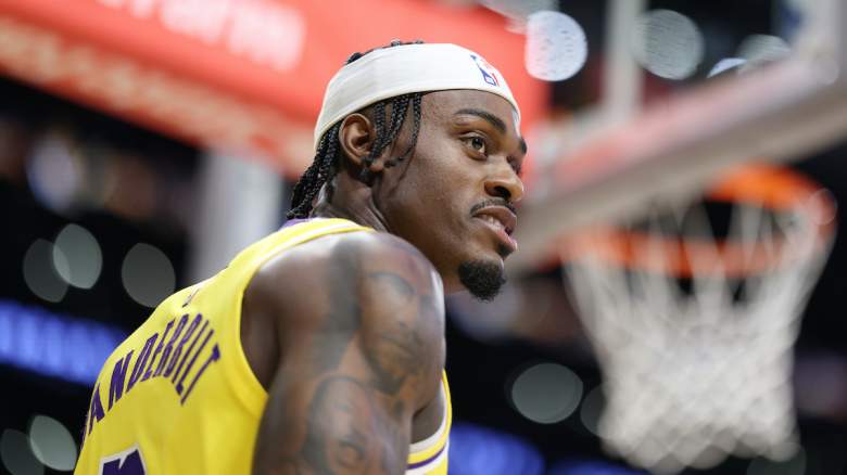 Jarred Vanderbilt #2 of the Los Angeles Lakers looks on
