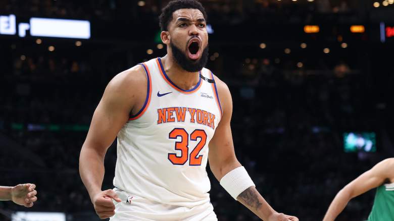 Karl-Anthony Towns #32 of the New York Knicks reacts