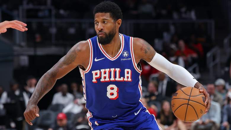 Paul George #8 of the Philadelphia 76ers drives