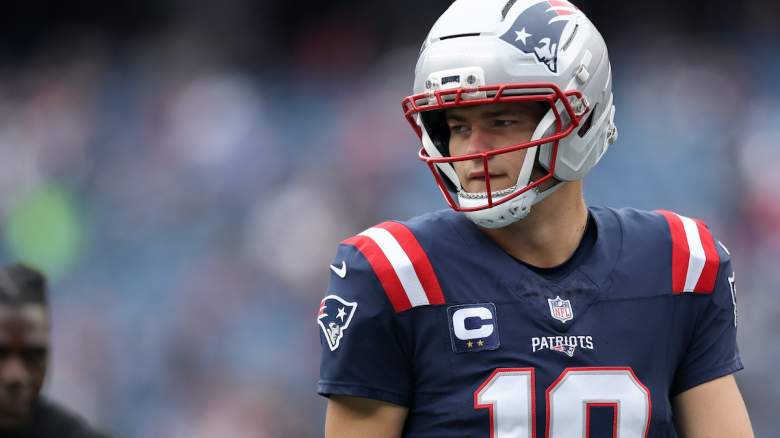 Drake Maye #10 of the New England Patriots looks on