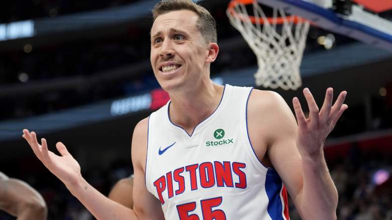 Duncan Robinson #55 of the Detroit Pistons reacts